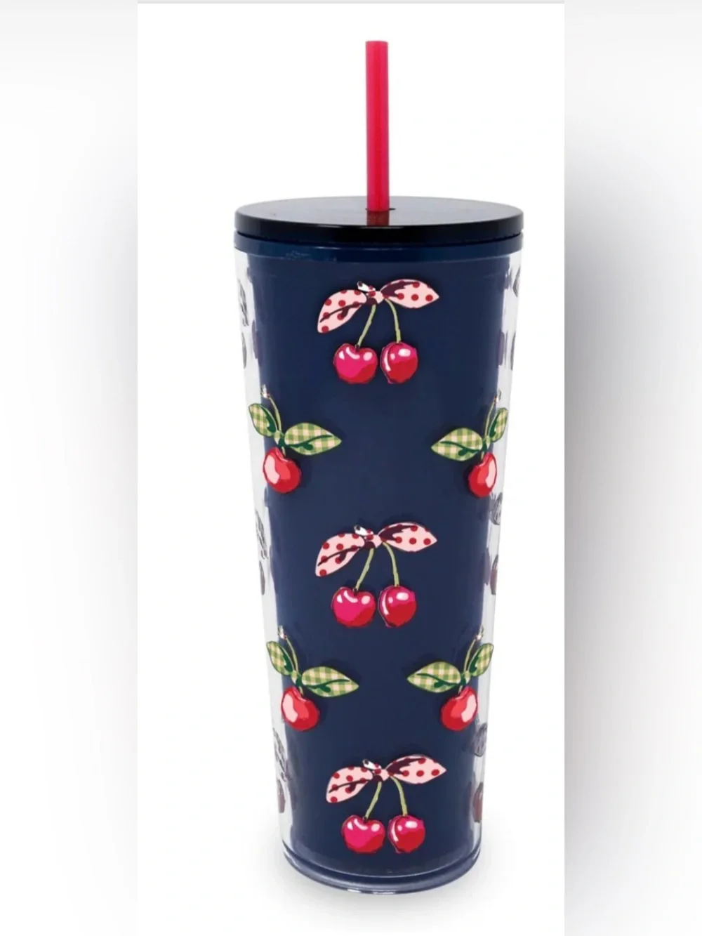 Vera Bradley Cherry Picking Print Navy Travel Tumbler with Straw